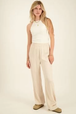 Beige Jacquard Pantalon Met Satijnen Look