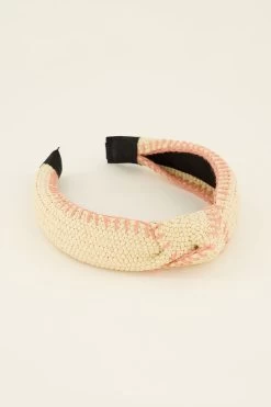 Beige Haarband Met Roze Stiksels