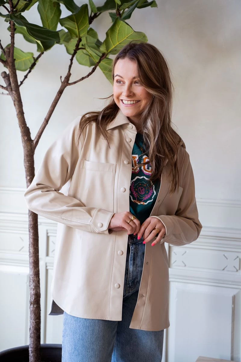 Beige Blouse Met Leatherlook 6 Beige Blouse Met Leatherlook - Afbeelding 6