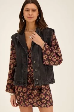 Zwart Denim Gilet Met Zakken