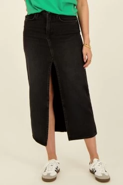 Zwarte Midi Denim Rok Met Split
