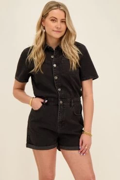 Zwarte Denim Playsuit Met Zakken