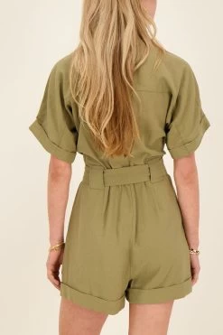 Donkergroene Playsuit Met Borstzakken 11 Donkergroene Playsuit Met Borstzakken -Mode Verkoop dark green playsuit with chest pockets back