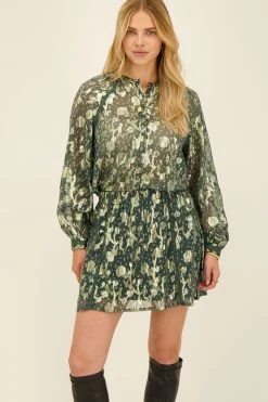 Groene Jacquard Blouse Met Gouden Print