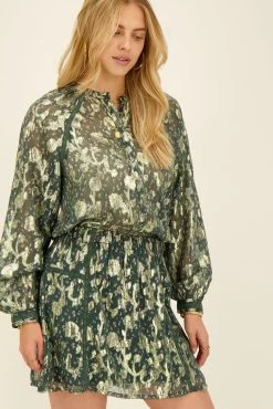 Mode Verkoop -Mode Verkoop green jacquard skirt with gold print closeup