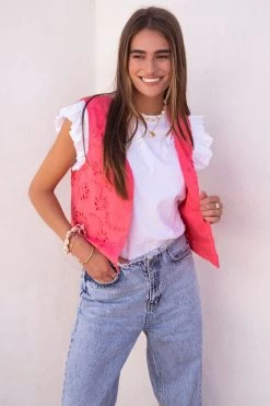 Koraal Gilet Met Bloemen Crochet -Mode Verkoop koraal gilet met bloemen crochet mj06769 0250