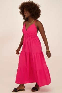 Fuchsia Maxi Jurk Met Spaghettibandjes & Open Rug