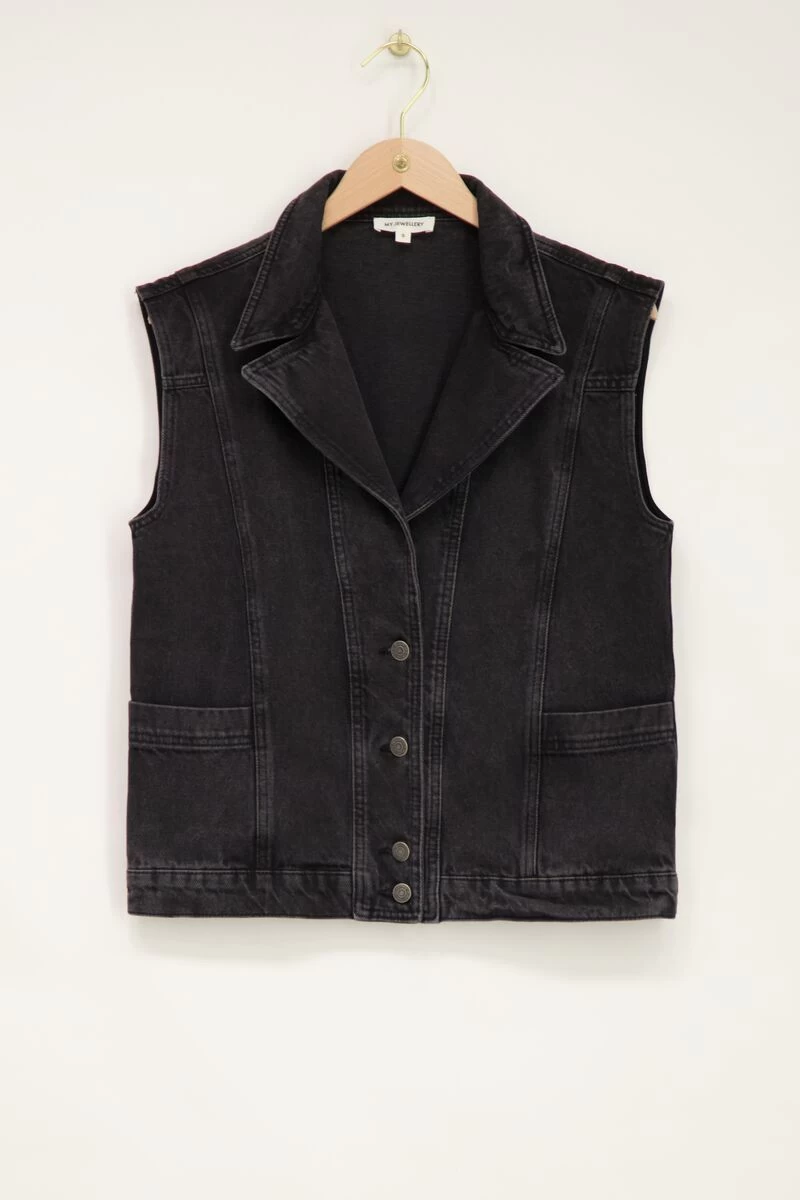 Zwart Denim Gilet Met Zakken 6 Zwart Denim Gilet Met Zakken - Afbeelding 6