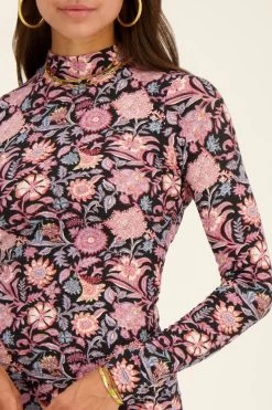 Zwarte Top Met Col & Paarse Bloemenprint