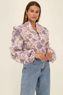 Paarse Bloemen Print Blouse Met Ruffles