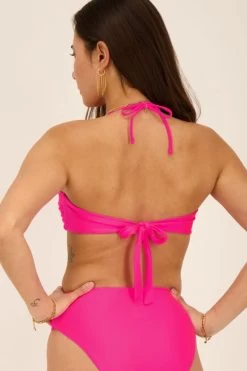 Roze Glanzende Bikini Top Met Twist -Mode Verkoop shiny pink twisted front bikini top back