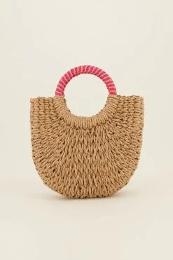 Rieten Schoudertas Met Roze Handvat